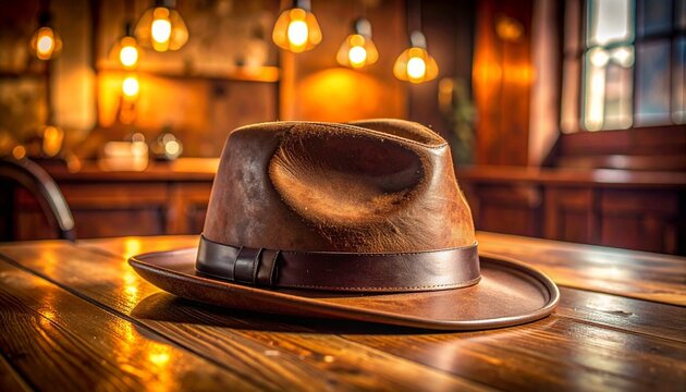 Brown leather fedora hat on polished wooden surface in warmly lit cozy interior with vintage ambiance.