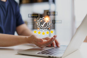 Man holding virtual quality assurance badge with five star icons and rating bubbles. Concept for best choice, premium service guarantee, certified excellence, and top-rated business evaluation.