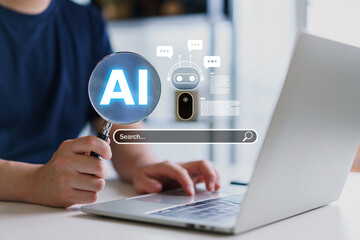 Man using magnifying glass to find answers with AI chatbot assistant and search bar on laptop. Concept for artificial intelligence, smart information retrieval, and future digital technology.