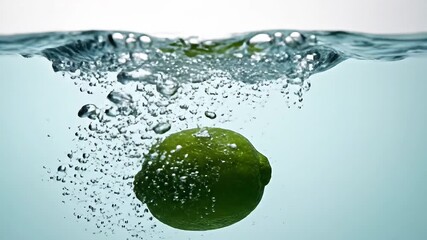 A vibrant green lime dramatically plunges into crystal clear water creating an energetic splash and dynamic ripples on the surface symbolizing ultimate freshness healthy hydration and a refreshing bu. - Powered by Adobe