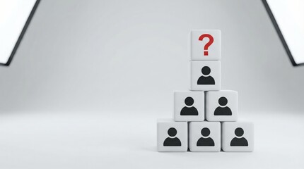 Hierarchy cubes with people icons and question mark for leadership vacancy and HR.
