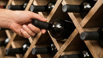 Hand selecting wine bottle from wooden rack in cellar for hospitality and retail.