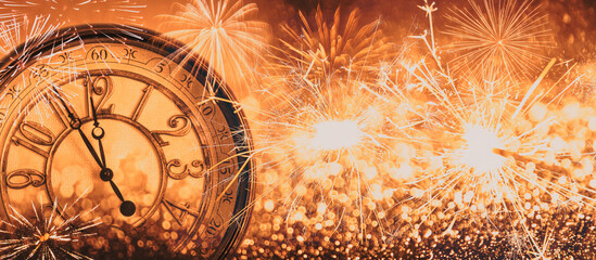  Clock And Fireworks - Countdown To Midnight - Abstract Defocused Background