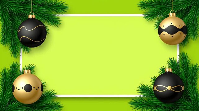 Christmas pine decoration with baubles and a frame background.