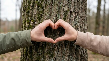 Hands forming a heart on tree bark outdoors for love, support, and connection.