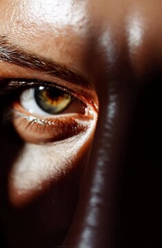 A model's penetrating gaze amidst shadows