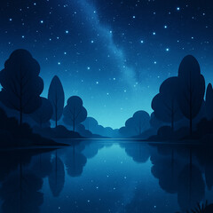 Peaceful night landscape with starry sky and lake reflection illustration