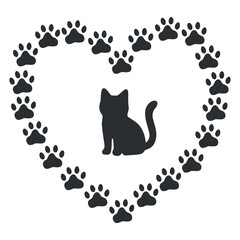 Vector illustration of a cat silhouette surrounded by a heart shape made of paw prints, creating a pet-themed design. Ideal for pet lovers, animal-themed projects, and decoration.