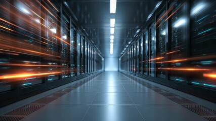 Modern data center server room with glowing light streaks and rows of racks - Powered by Adobe
