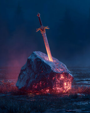 Mystical sword embedded in glowing rock