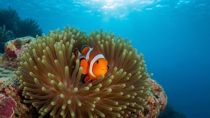 Clownfish Nestled in Vibrant Anemone Underwater.