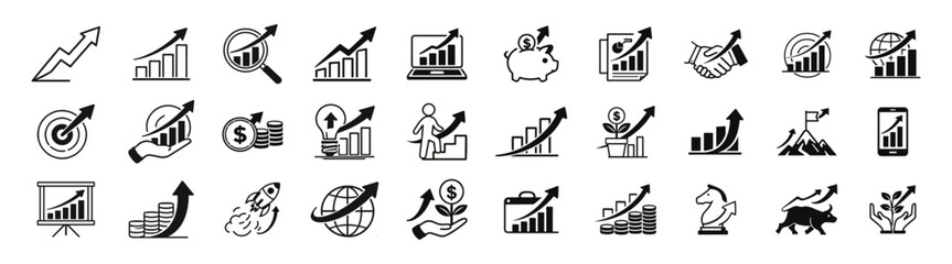 Business growth icons set with arrows and charts vector illustration isolated on transparent background