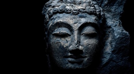 Obraz premium A statue of a face with a serene expression. The statue is made of stone and is placed on a black background