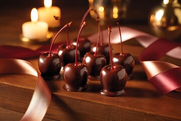 Naklejka premium Chocolate Cherry Delights: A close-up view presents a luxurious arrangement of dark chocolate-covered cherries on a wooden surface, accented by elegant ribbons and softly lit candles.