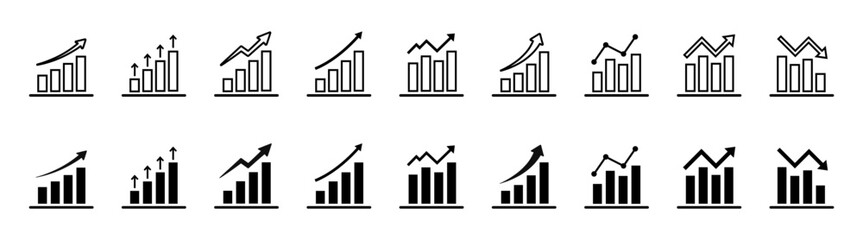 Growth icon set with arrows up and growing charts. Showing business performance, gain, improvement and development. Vector illustration isolated on transparent background.