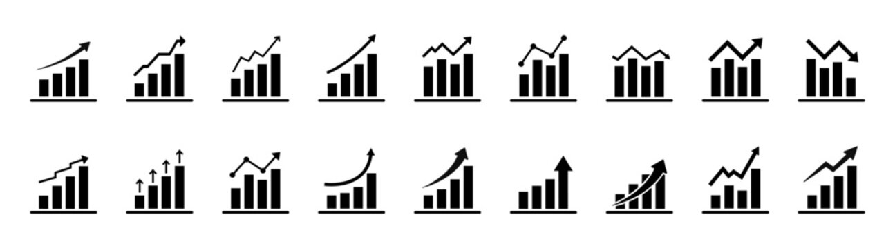 Growth icon set with arrows up and growing charts. Showing business performance, gain, improvement and development. Vector illustration isolated on transparent background.
