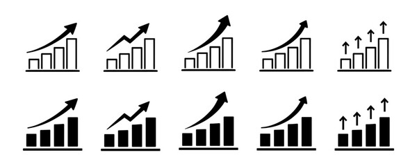 Growth icon set with arrows up and growing charts. Showing business performance, gain, improvement and development. Vector illustration isolated on transparent background.