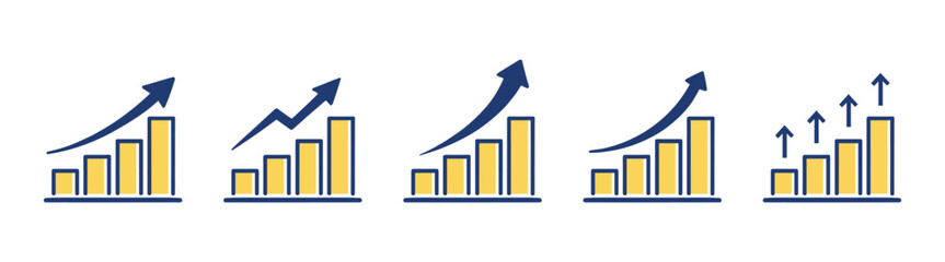 Business growth bar chart icons with upward arrows vector illustration isolated on transparent background