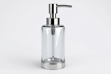 Obraz premium Elegant Soap Dispenser: A sleek, transparent glass soap dispenser with a polished silver pump, designed to add a touch of minimalist elegance to any bathroom.