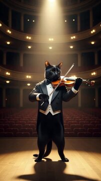 Black Cat in Formal Tuxedo Playing Violin Under Overhead Spotlight in Empty Concert Hall