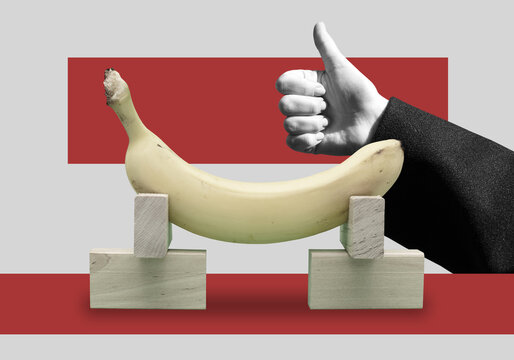 Collage art a banana and hand on background