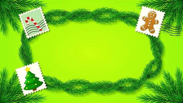 Green pine branch frame with festive holiday postage stamps