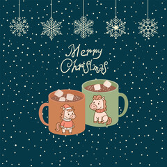 illustration of two colorful mugs filled with hot cocoa and marshmallows, adorned with joyful characters against a snowy background.