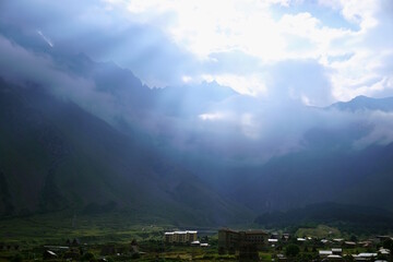 Morning sun rays in the mountains of Georgia.