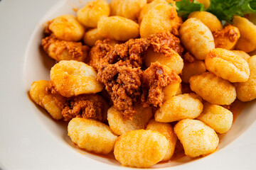 Gnocchi sauce tuna fish natural food main course ingredient appetizer fresh tasty table setting gourmet food background on the table rustic food top view copy space