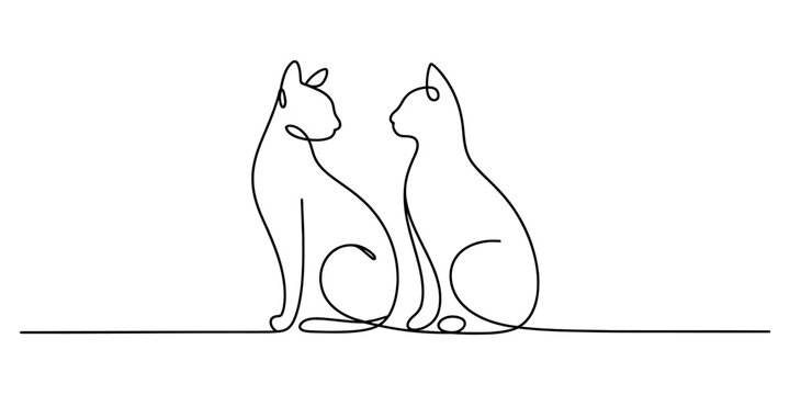 Minimalist single line art drawing of two elegant cats sitting face to face Vector, illustration