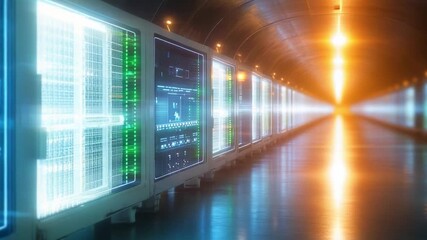 Digital Gateway: An expansive tunnel of data servers glows with digital energy, illustrating the core of modern technology and data processing.  - Powered by Adobe