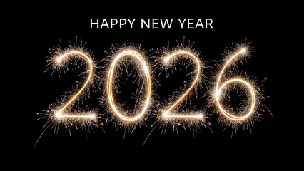 Glowing Sparkler Font Writing Happy New Year 2026 on Black Background for Festive Holiday Marketing and Social Media Posts