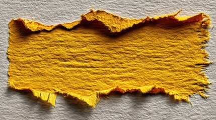 Fragment of torn yellow paper with frayed edges, rough texture, and irregular shape perfect for rustic compositions or note-style designs on a neutral background
