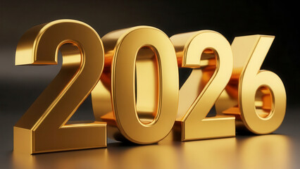 Close-up of Large Metallic 3D Gold 2026 Numbers for New Year Celebration Design and Corporate Holiday Branding