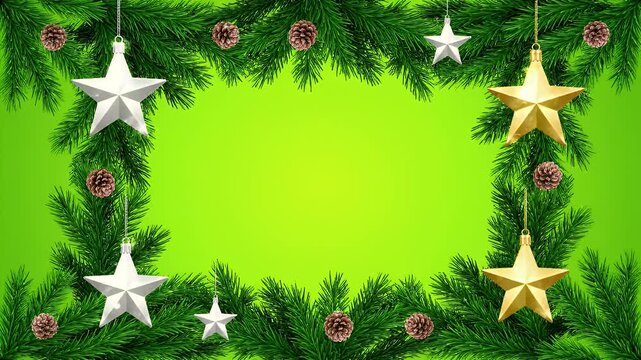 Christmas fir border with hanging gold and silver stars