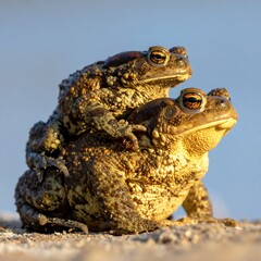 Close-up of two toads, one atop the other, facing the same direction