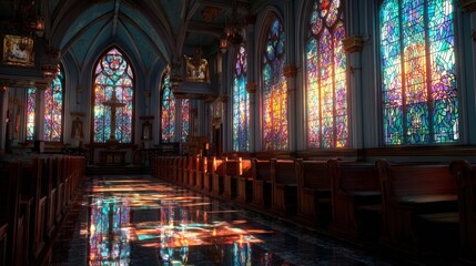 Obraz premium Sunlight streams through colorful stained glass illuminating the interior of a beautiful church with wooden pews and a peaceful, serene atmosphere