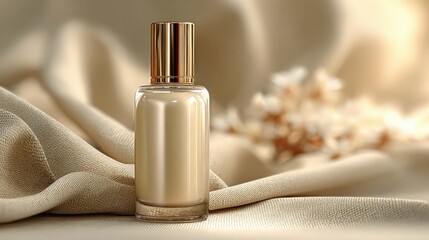 Naklejka premium Beige cream liquid in clear bottle with golden cap sits on soft cream fabric against neutral background in a studio setting for presentation