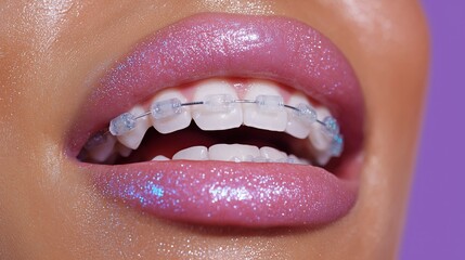 Fototapeta premium Close-up of glitter lip makeup and clear braces on female mouth