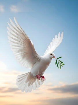 White Dove Of Peace Carrying Olive Branch Over Golden Horizon