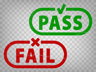 Pass and Fail grunge rubber stamps isolated on transparent  background.  Pass or Fail with check mark and cross.  Green Pass and red Fail stamps for your design, app, UI.  EPS10.