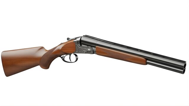 Classic double barrel shotgun weapon with dark metal barrels and wooden stock firearm, isolated on white background