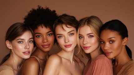 Fototapeta premium A group of women with different skin tones are posing for a photo. Scene is one of unity and diversity, as the women come together to celebrate their differences and similarities