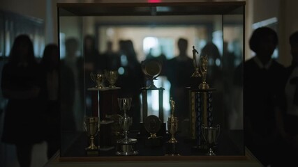 Display of various trophies in a school hallway. Celebrating achievements and fostering a sense of pride in student accomplishments