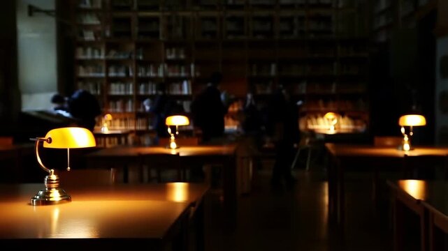 Cozy library study area with warm lighting and blurred background of students reading and researching. Ideal for academic and educational settings