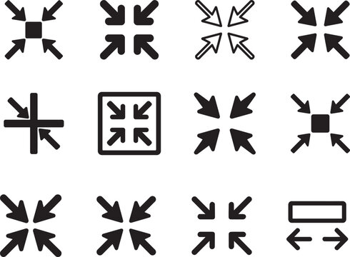 Minimize icon set with compact arrows for shrink, resize and small scale UI controls, bold vector EPS.