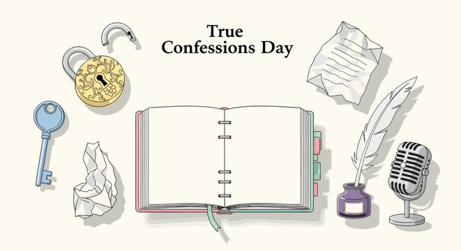 True Confessions Day illustration with diary and vintage writing accessories.
