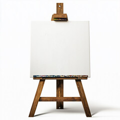 Wooden easel with blank canvas attached to top, isolated on white background.