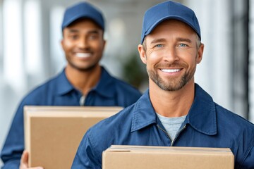 Delivery men holding boxes delivering excellent courier service