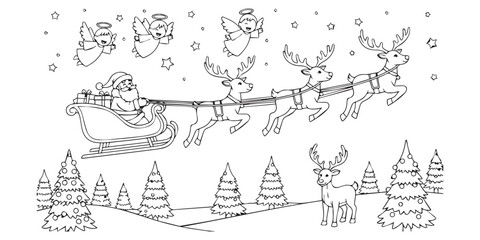 Santa claus sleigh ride with reindeer and angels Vector